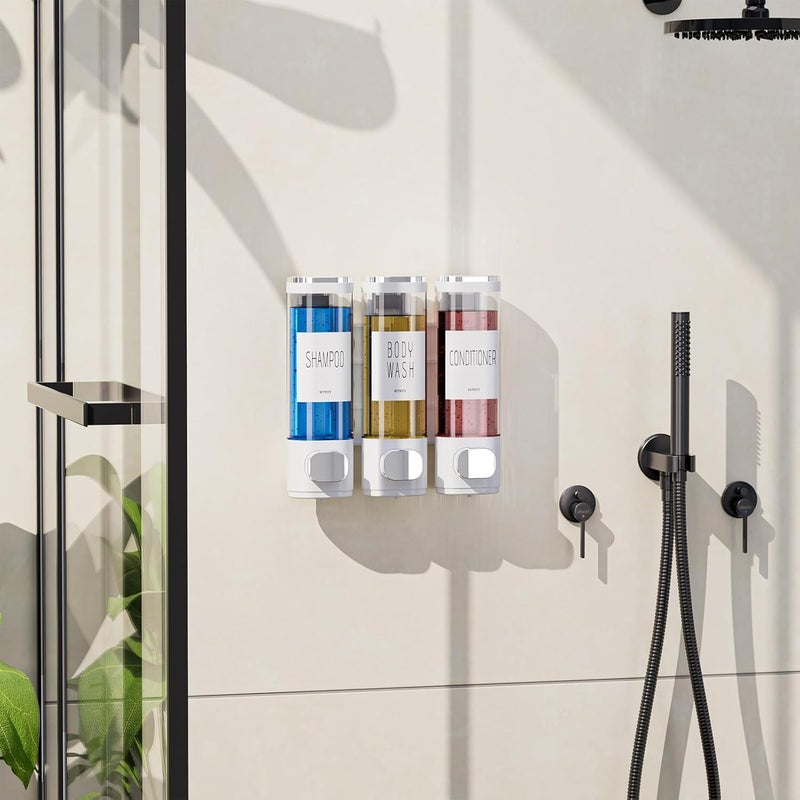 VITVITI Shampoo and Conditioner Dispenser for Shower Wall, Shower Soap Dispenser 3 Chamber No Drill Wall Mounted, 10.2 OZ Plastic Refillable Shower/Body Wash Bottles for Bathroom (White) - Image 4